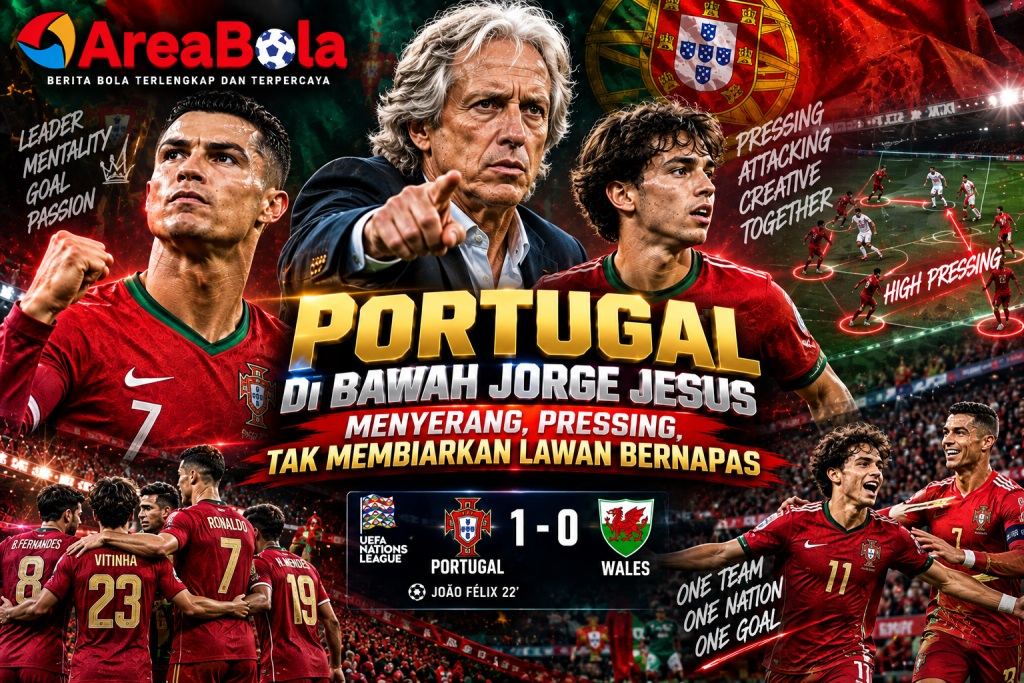 Areabola Portugal di bawah Jorge Jesus tampil menyerang dan melakukan pressing tinggi saat menghadapi Wales