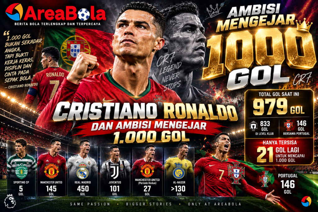 Areabola mengulas ambisi Cristiano Ronaldo mengejar 1.000 gol. CR7 telah mencetak 979 gol dan hanya membutuhkan 21 gol lagi untuk mencapai rekor bersejarah.